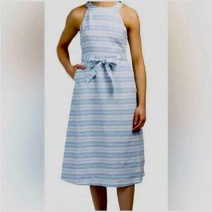 NWOT Sigrid Olsen Blue and White 100% Linen Coastal Classic Midi Dress Size 2